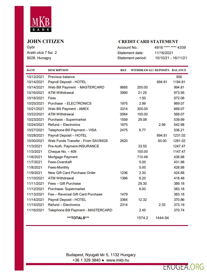 Relevé bancaire MKB Hongrie, modèle facile à remplir au format de fichier .xls et .pdf
